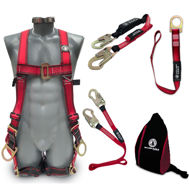 Kit para caídas modelo KP2 (arnés PC100K-P2, amortiguador SAW18, cable LR30018, punto fijo PF009 y maleta MPE-03) marca Golden Eagle 